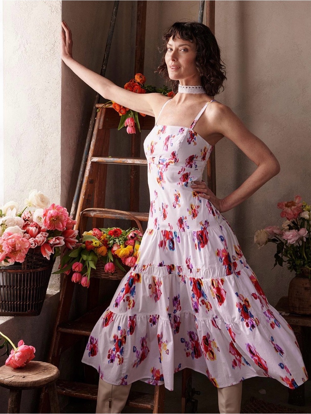 Prabal Gurung White Midi Dress with Pink, Red and Purple Floral Print